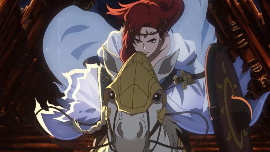 Héra cargando a lomos de su caballo blanco en La guerra de los Rohirrim.