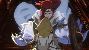 Héra cargando a lomos de su caballo blanco en La guerra de los Rohirrim.