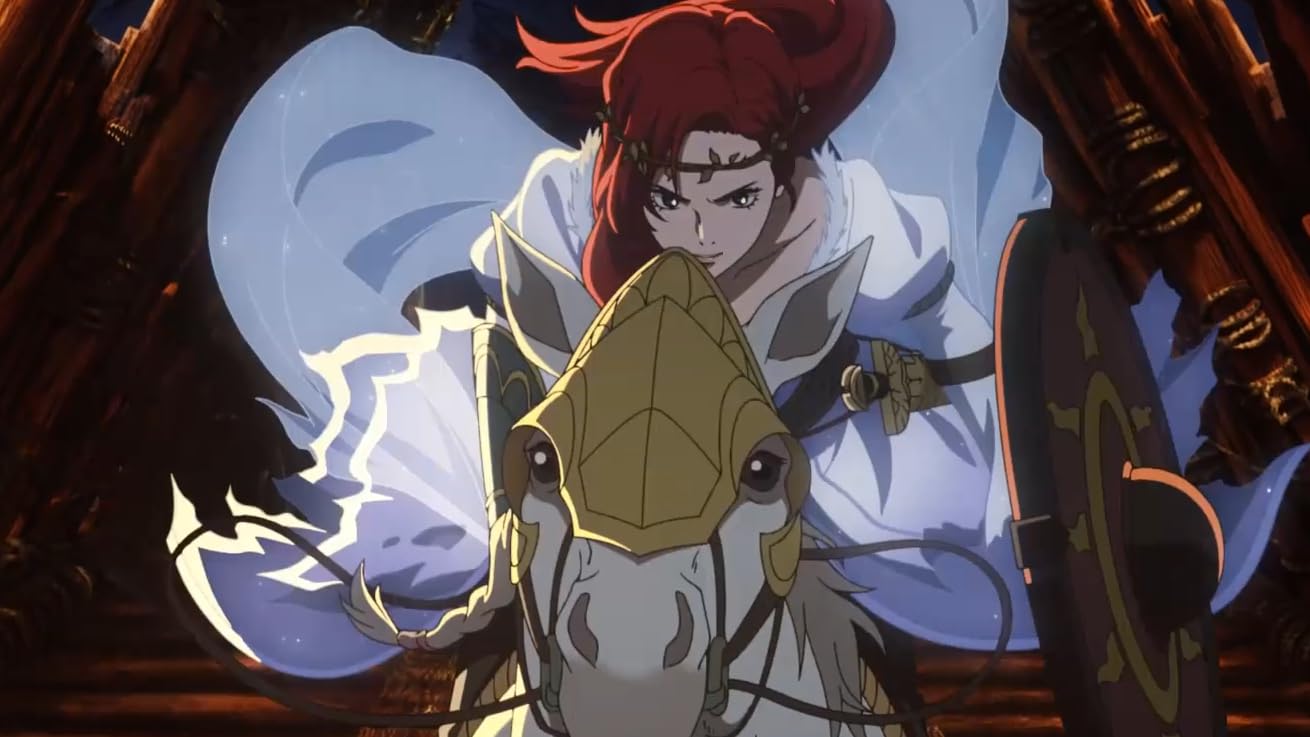 Héra cargando a lomos de su caballo blanco en La guerra de los Rohirrim.