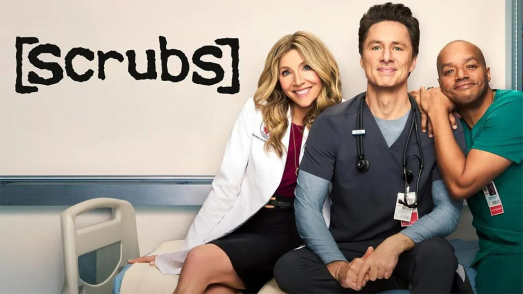 Cartel promocional de la temporada 10 de Scrubs, con Elliot, J.d y Turk posando ante la cámara mostrando su cambio físico tras 17 años.