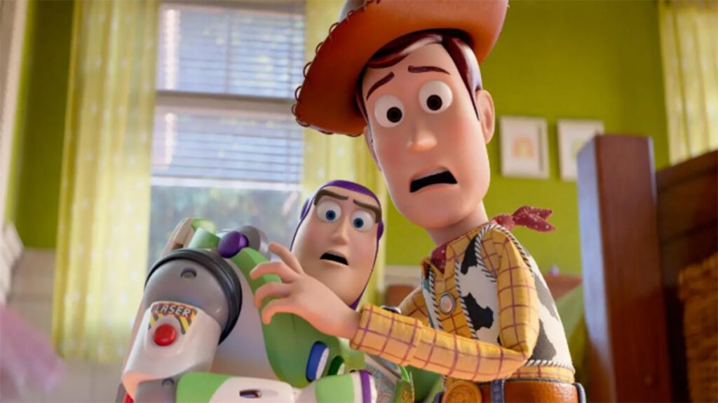 Buzz y Buddy en una escena de Toy Story en la que se les ve preocupados.