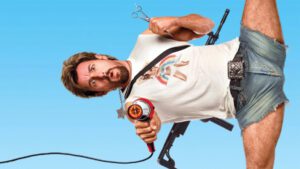 Adam Sandler interpretando a un agente secreto israelí que lo deja todo para convertirse en peluquero en 'Zohan'.