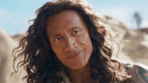Dwayne Johnson en Vaiana, caracterizado con la peluca que le identifica como Maui.