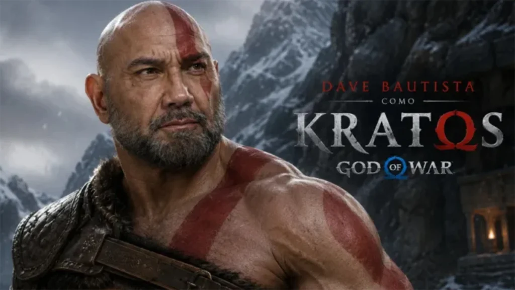 Montaje en el que se ve confirmado a Dave Bautista como Kratos, aunque para lucir así necesitará no pocas horas de entrenamiento en el gimnasio, ¡y le falta la característica piel cenicienta que sí lució Ryan Hurst!